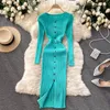 Autumn Sweater Women Dresses Solid O-neck Long Sleeve Bodycon Midi Dress Button Deco Front Split Work Party Knit 2021