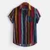 Erkek Casual Gömlek Hawaii Erkekler Gömlek Bluz Çok Renkli Çizgili Gevşek Kısa Kollu Düğmeler Pamuk Plaj Camisas Para Hombre Büyük Boy