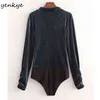 Vintage Velvet Bodysuit Women Front Draped Stand Collar Long Sleeve Blouse Sexy Body Tops Playsuit 210514