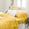 Sängkläder Ställer Gul Vit Grå Grön Blå Tvättad Bomull Tjej Set Sängkåpa Monterade Ruffles Sheet Linne Solid Duvet Pillowcases Färg