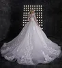 Mangas compridas vestidos de noiva elegante laço applique uma linha vestidos de noiva ruched tulle varrer treinar princesa vestido de noiva