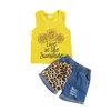 Pudcoco 0-24m 2st Summer Baby Girls Boys Ärmlös Brev Sunflower Print Vest Toppar + Leopard Ripped Shorts Jeans Outfit sätter G1023