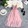 캐주얼 드레스 2022 여름 민소매 슬링 거즈 레이스 얇은 명주 그물 드레스 여성 튜닉 기본 롱 메쉬 핑크 블랙 섹시한 빈티지 L02