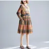 Johnature Vintage Plaid O-neck Pockets Autumn Cotton Long Sleeve Women Dresses Loose Leisure Patchwork Female Dress 210521