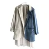 Spring Long Sleeve Sweet Women Jacket Casual Ladies Office Coat Mesh Stitching Denim Fake Two-piece Khaki 210510