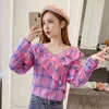 Höst Bomull Långärmad Plaid Women Blouse Office Lady V-Neck Pullover Rosa Röd Kvinnors Skjorta Blusas Mujer 6421 50 210508