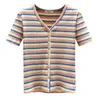 Sexig V-Neck Kortärmad Stripe Tshirt Cotton T-shirts Kvinnor Koreansk T-shirt Kvinnors Tee Toppar Rosa Lila Svart 210604