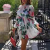 Print Floral Spring Dress For Women Stand Collar Long Sleeve High Waist Lace Up Vintage Chiffon Dresses Female 210520