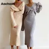 Aachoae Chic mujeres de punto sólido conjunto de 2 piezas con cuello en V manga de murciélago Crop Top conjuntos de cintura alta espalda dividida falda larga trajes 210413