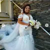 African Plus Size Mermaid Bröllopsklänningar Lace Appliqued Bridal Gowns Sheer Jewel Neck Illusion Kortärmad Lyx Aso Ebi Vestido de Noiva