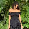 Вдохновленные Ширред Раффленовый декольтер ямерный мини-летоное платье Rayon Black сексуальное женское платье милое платье с слоеным рукавом Новый 210412