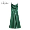 Été femmes longue Satin Spaghetti sangle vert Sexy fendu soie Maxi robe de soirée 210415