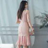 Summer super fairy sexy lace shoulder stitching a word falbala fishtail dress 210602