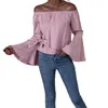 Women's T Shirts Women's T-Shirt Women Sweet Off Shoulder Long Flared Sleeve Bowknot Wrap Pink Shirt Tops