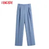 Fashion Women Blue Suit Trousers Pockets Buttons Office Lady Pants Pantalon BE322 210416