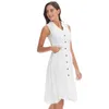 Elegantes Damenkleid aus hochwertiger Baumwolle mit Knopfleiste, V-Ausschnitt, ärmellos, Knopfleiste, langes weißes Sommerkleid mit Tasche A0987 210526