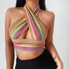 Canotta in maglia con cavezza incrociata a righe arcobaleno canotta da donna 2021 Summer Sexy senza spalline senza maniche