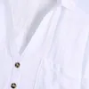 トリミングリネン夏のシャツの女性半袖ボタンアップビンテージトップの女性パッチポケットピンクグリーンホワイトブラウスシャツ210520