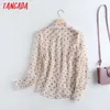 Tangada women pleated print chiffion shirt high quality blouse long sleeve chic female casual loose tops 4C32 210609