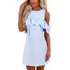 フリルの女性はセクシーなオフショルダージッパーバック青と白の縞模様のかわいいドレスカジュアルな夏のドレス210522