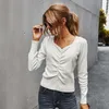 Solidna miękka wiosna jesień damski sweter seksowna szyja z długim rękawem Ruched przycisk pani swetry W635 210526