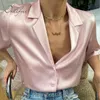 Summer Women Satin Bluzka Z Krótkim Rękawem Różowa Solidna Koszula Przypadkowa Seksowne Topy 210415