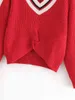 HSA winter clothes women V neck Solid Twisted and Sweaters Red Cross Long Sleeve Short Jumpers Pullover 210417