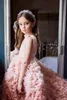 Ombre Pembe Çiçek Kız Elbise Düğün için 2022 Ballgown Yüksek Boyun Ruffles Katmanlı Etekler Toddler Pageant Törenlerinde Tül İlk Communion Elbise Sweep Tren Örgün Parti