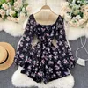 Korean Floral Jumpsuit Women Ruches V Neck Puff Sleeve Office Rompers Autumn Boho Print Holiday Wide Leg Short Rompers 210715