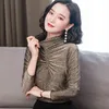 Autumn and Winter Long-Sleeved Bottoming Shirt Gold Silver Silk Pleated Turtleneck Women Mesh Tops Plus Size 4XL 11434 210521