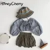 Frühling Puff Mädchen kurzes Hemd + Shorts Hosen zweiteiliger Anzug Babykleidung Kleinkind Puffärmel Top 210515