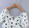 Scollo a V con coulisse Camicia a maniche lunghe con maniche a sbuffo con stampa a cuore nera Donna con cinturini incrociati posteriori allacciati Fashion Chic 210508