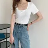 Bomull Oversize Black Short Sleeve Square Neck Tshirts Kvinnor Sommar Tight Casual All-Match Basic Style White Tops Fashion Tee 210610