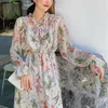 Sukienki swobodne Junelove Vintage kwiatowy druk Kobiety szyfonowa sukienka z pełnym rękawem koronkową kobietę wakacyjną midi vestidos 2022 Spring Boho