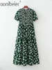 Sweet Bow Print Summer Short Sleeve Women High Waist Tiered Skater Dress Shirred Body Casual Midi Dark Green 210604