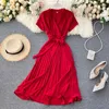 Aibeautier Lady Femmes Robe Bandage Plissé A-ligne Robes Summer Bow Vintage Robes de vacances Robes longues 210623