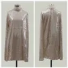 Robe à paillettes brillantes gratuites femmes mode col montant Cape manches une ligne Mini célébrité Club fête es 210524