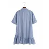 Woman Summer Dress Blue Striped Mini Women Ruffle Short Sleeve Casual es Chic Pockets es 210519