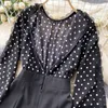 Europa stil sommar eleganta kvinnor spets krage dubbelbröst polka dot patchwork svart klänning kvinnlig party klänningar 210428