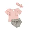 幼児生まれ赤ちゃん女の子服セットフラワーコスチュームニットTシャツ+弓ブルーマーショーツ衣装210515