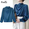 vintage designer style navy blue stand collar buttons satin office lady elegant blouse women shit tops 2XL 210421