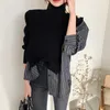 Coreano Chique Suéteres Mulheres Turtleneck Winter Patchwork Listrado Mujer Suésteres FAKE 2 PCS Outono Pull Femme 19167 210415