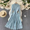 Singreiny Women French Lace Klänning Elegant Långärmad O Neck Button A-Line Dresses Spring Fashion Casual Streetwear Midi Dress 210419