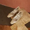 Meotina, zapatos de tacón para mujer, zapatos Mary Jane de tacón medio de cuero auténtico, zapatos de tacón de bloque con punta cuadrada para mujer, calzado con hebilla, zapatos de tacón poco profundos Beige 40 210520