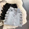 Neploe High Waist Hip A Line Denim Skirt Kvinnor Knapp Design Solid Jupe Femme Vår Sommar Outwear Faldas Mujer 210510