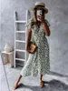 Boho Флористическое платье для печати лето с коротким рукавом V-образным вырезом повязка зеленый MIDI платья для женщин одежда модный пляж MIDI платья 210521