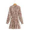 Frühling Frauen Leopard Print Elastische Taille Mini Kleid Weibliche Lange Hülse Kleidung Casual Dame Lose Vestido D7053 210430