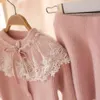 Sweter dla dzieci Jesień Zima Kid Set 'Lace Solid Color Long + Krótka sukienka 2 sztuk Dziewczyny 210515