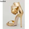 Design Fantastisk pärlstav Crystal Golden High Heel Sandals Gold Leaf Back Zip Woman Dress One Front Strappy