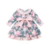 1-6Y Toddler Baby Kid Girls Flower Dress Lace Floral Big Bow Tutu Party Dress For Girls Vintage Children Costumes Long Sleeve Q0716